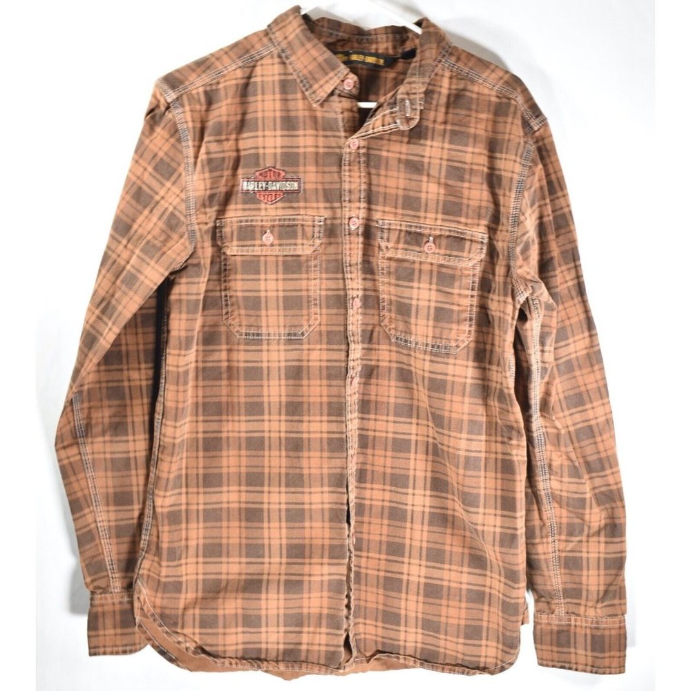 Harley Davidson Plaid Long Sleeve Button Up Shirt Brown Embroidered Size Medium